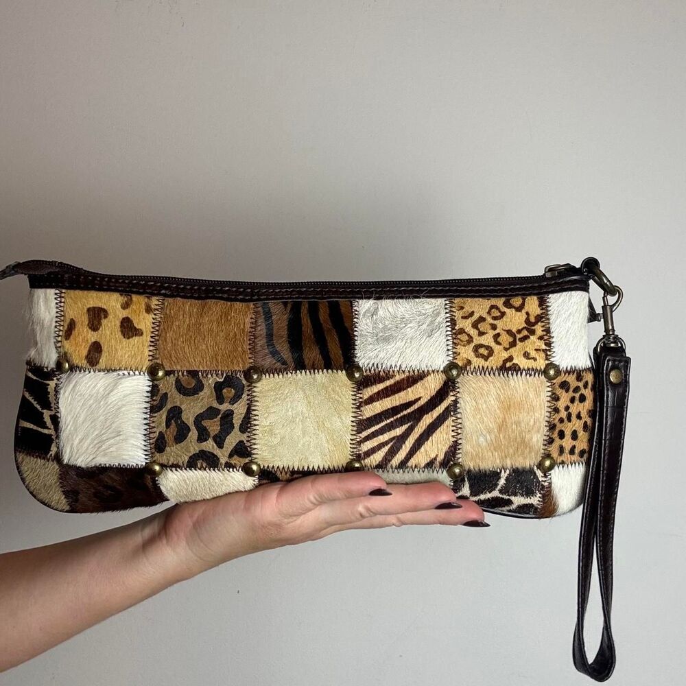 Patchwork genuine leather clutch with leopard, zebra, and cowhide prints